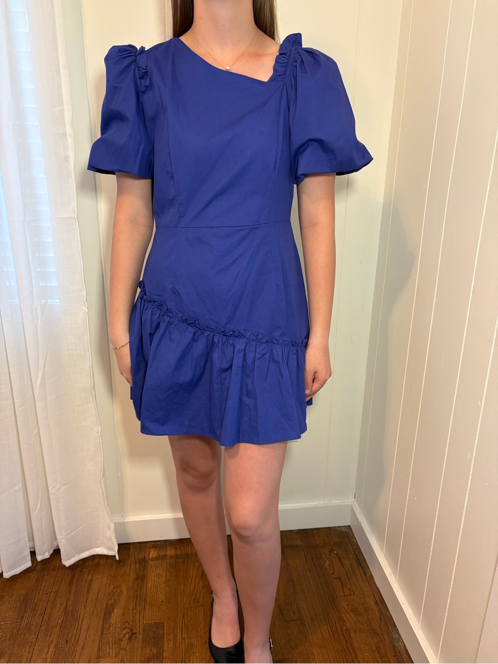 TCEC Royal Blue Asymmetric Puff-Sleeve Mini Dress